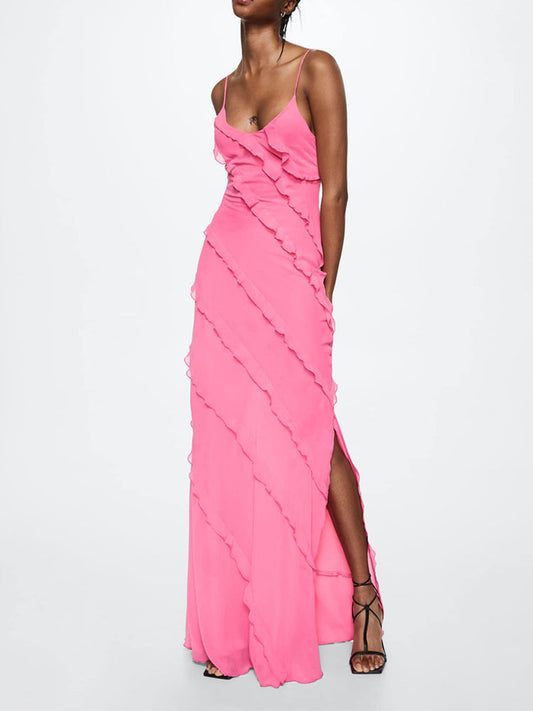 Pink Side Slit Backless Maxi Dress With Ruffle Detail