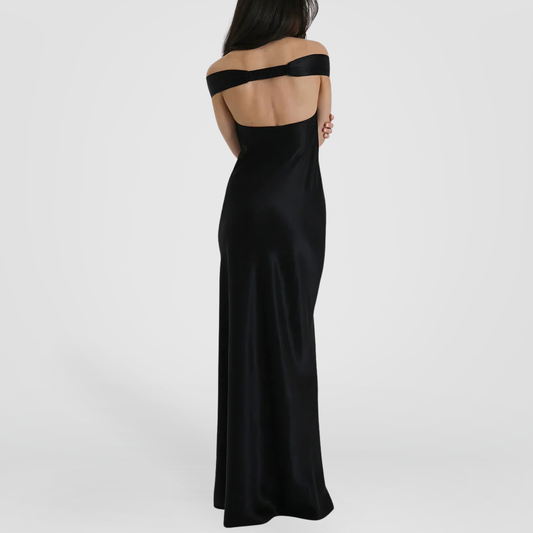 Black Off-Shoulder Satin Maxi Dress