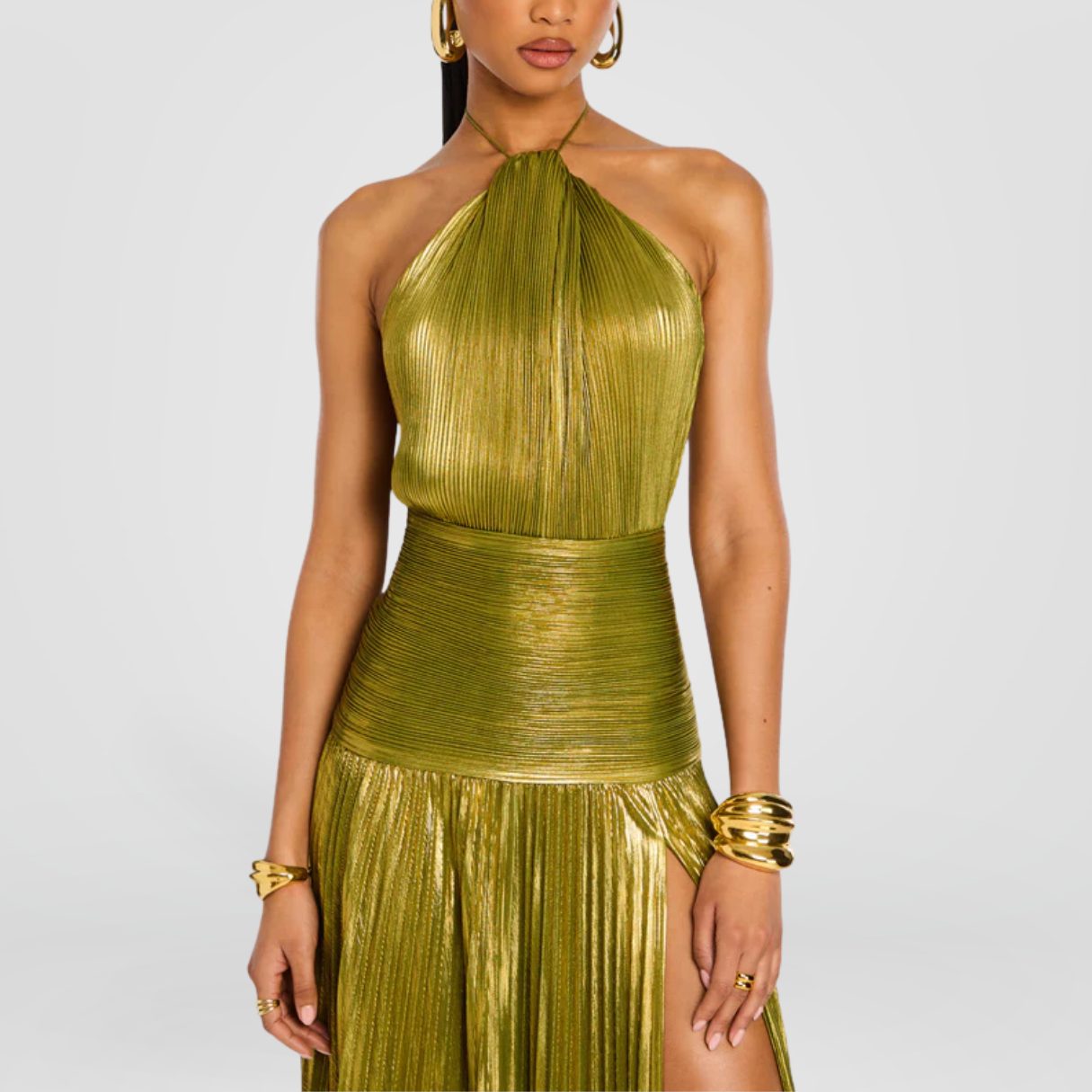 Gold Metallic Pleated Halter Maxi Dress