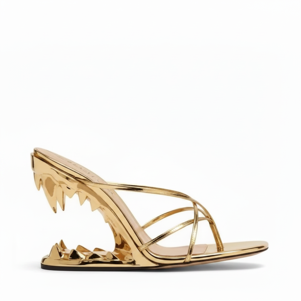 Gold Cross Strap Patent Leather High Heeled Fang Sandals
