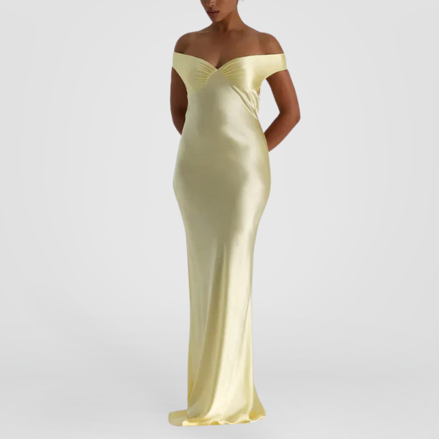 Pastel Yellow Off-Shoulder Satin Maxi Dress