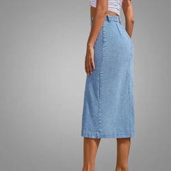 Blue Denim Button Up High Waist Side Split Skirt