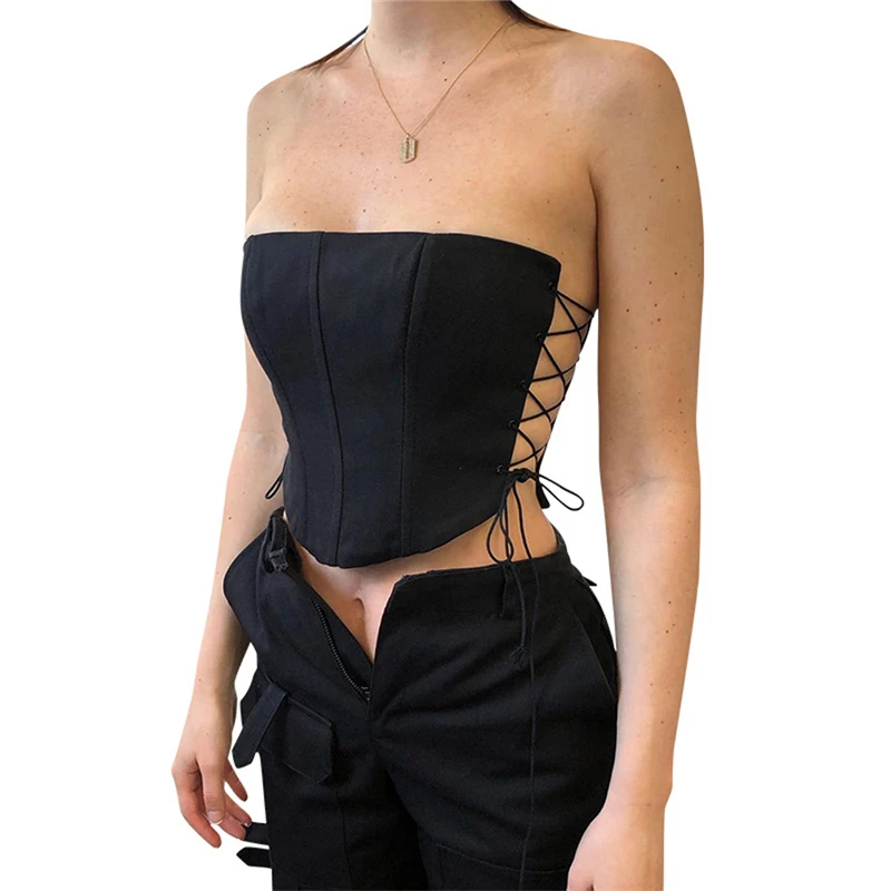 Strapless Black Double Sided Lace UP Corset Top
