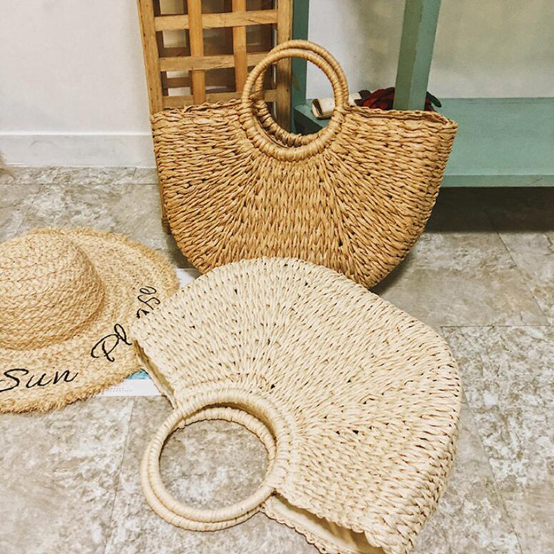 Tan Circle Handle Straw Beach Bag