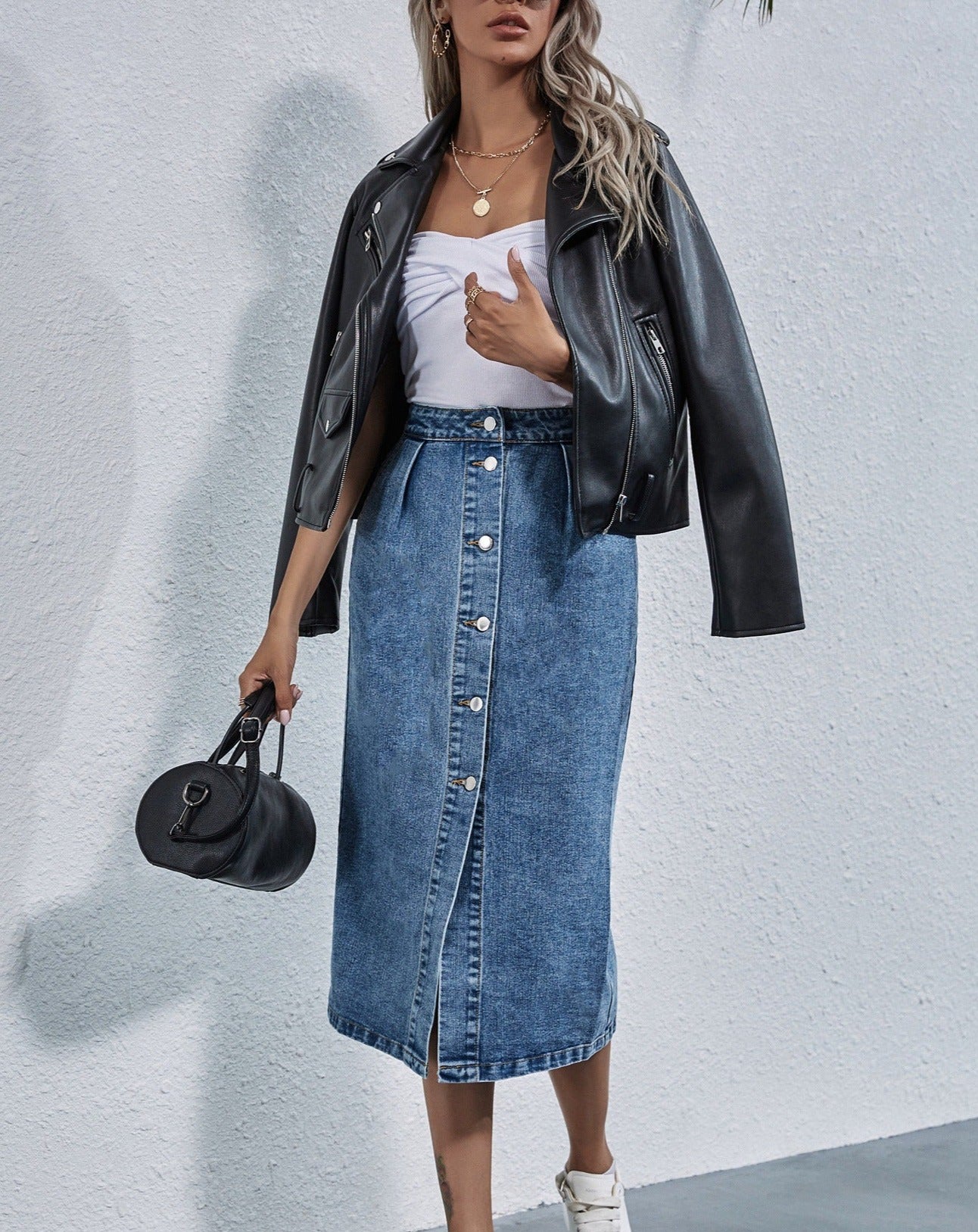 Blue Denim Button Up High Waist Front Split Skirt