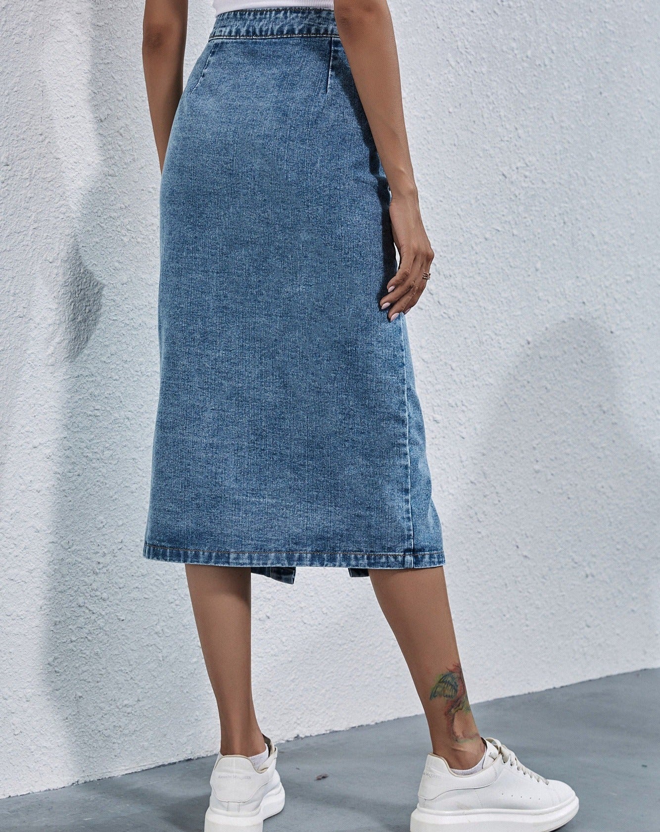 Blue Denim Button Up High Waist Front Split Skirt