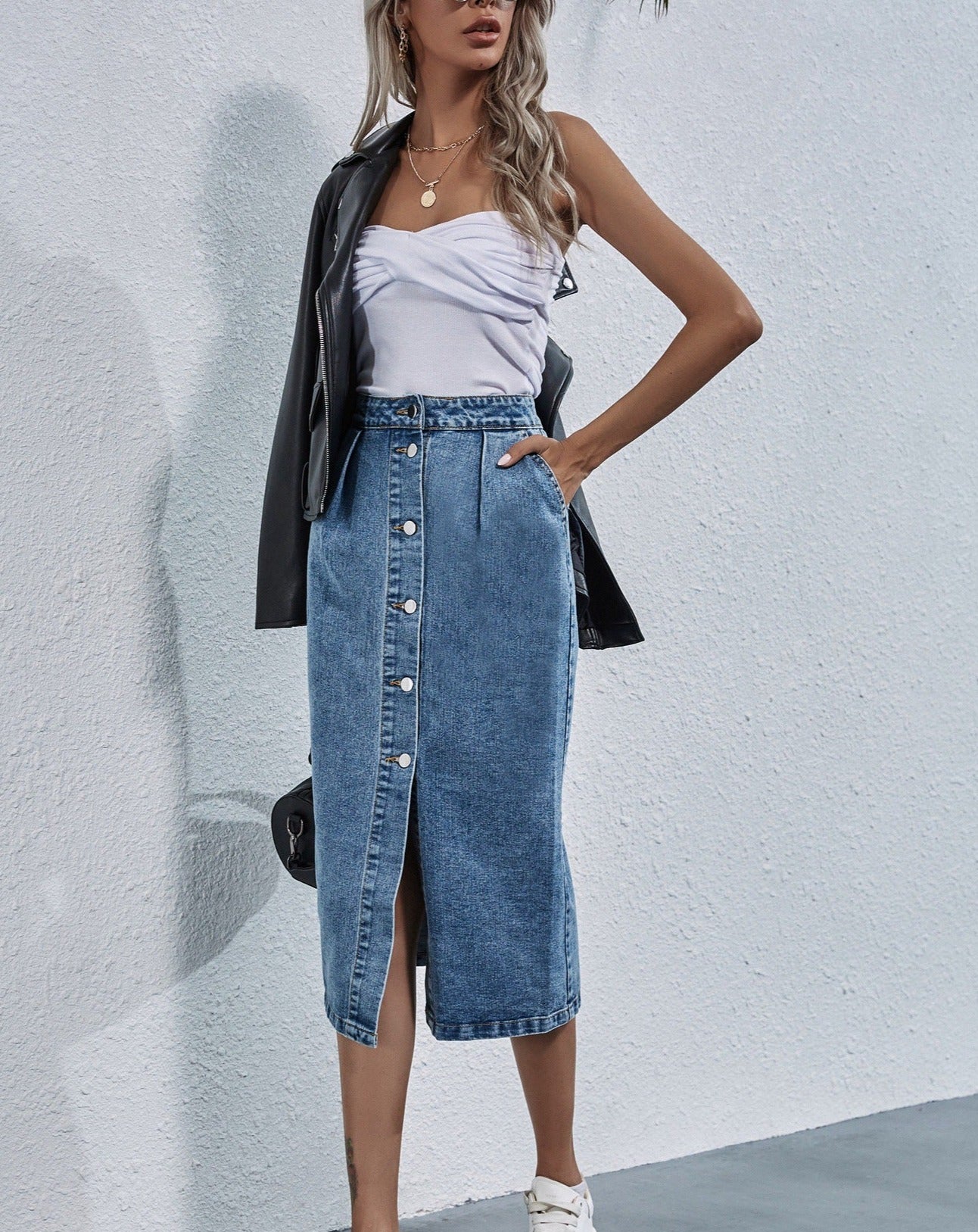 Blue Denim Button Up High Waist Front Split Skirt