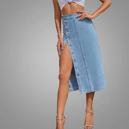 Blue Denim Button Up High Waist Side Split Skirt