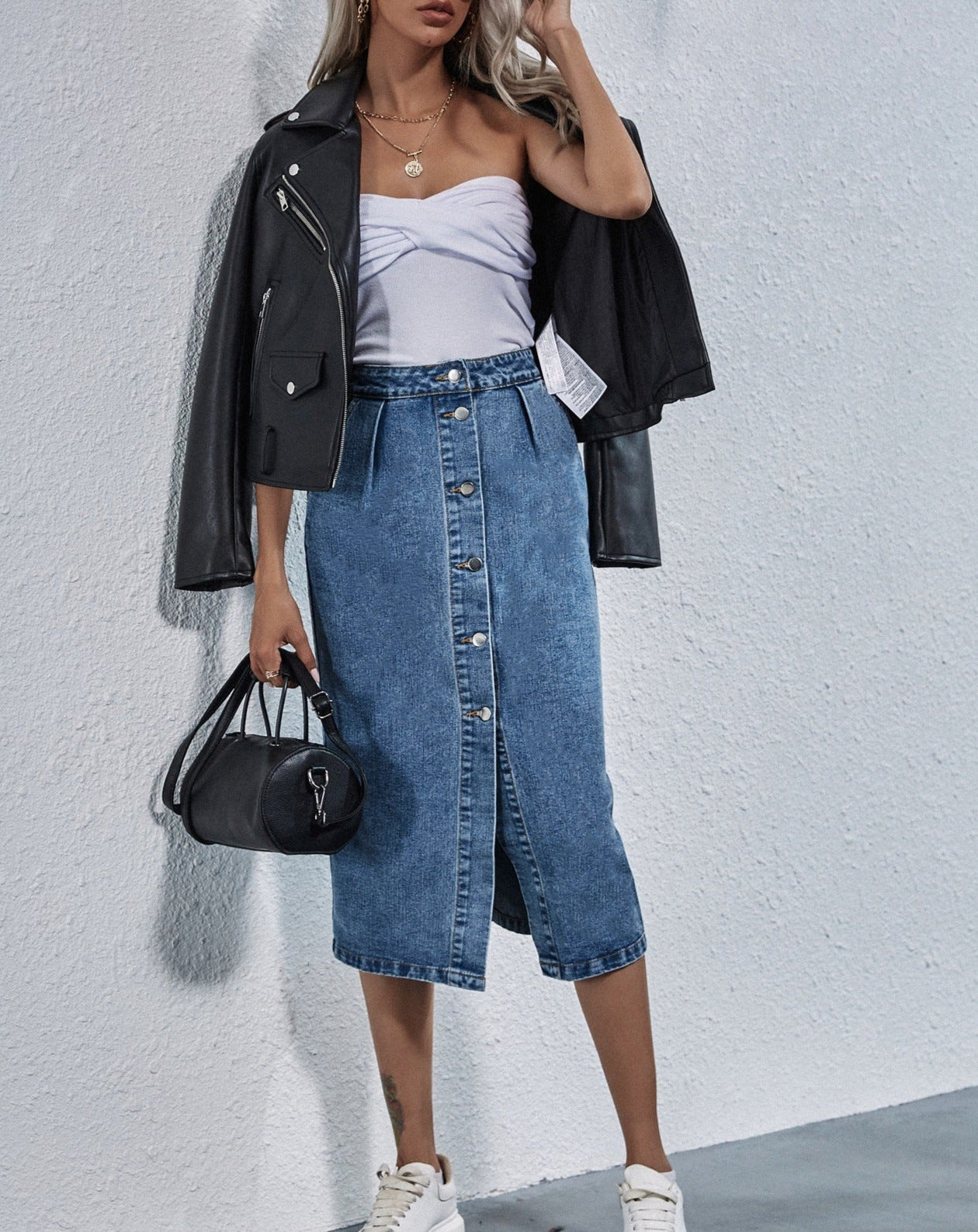 Blue Denim Button Up High Waist Front Split Skirt