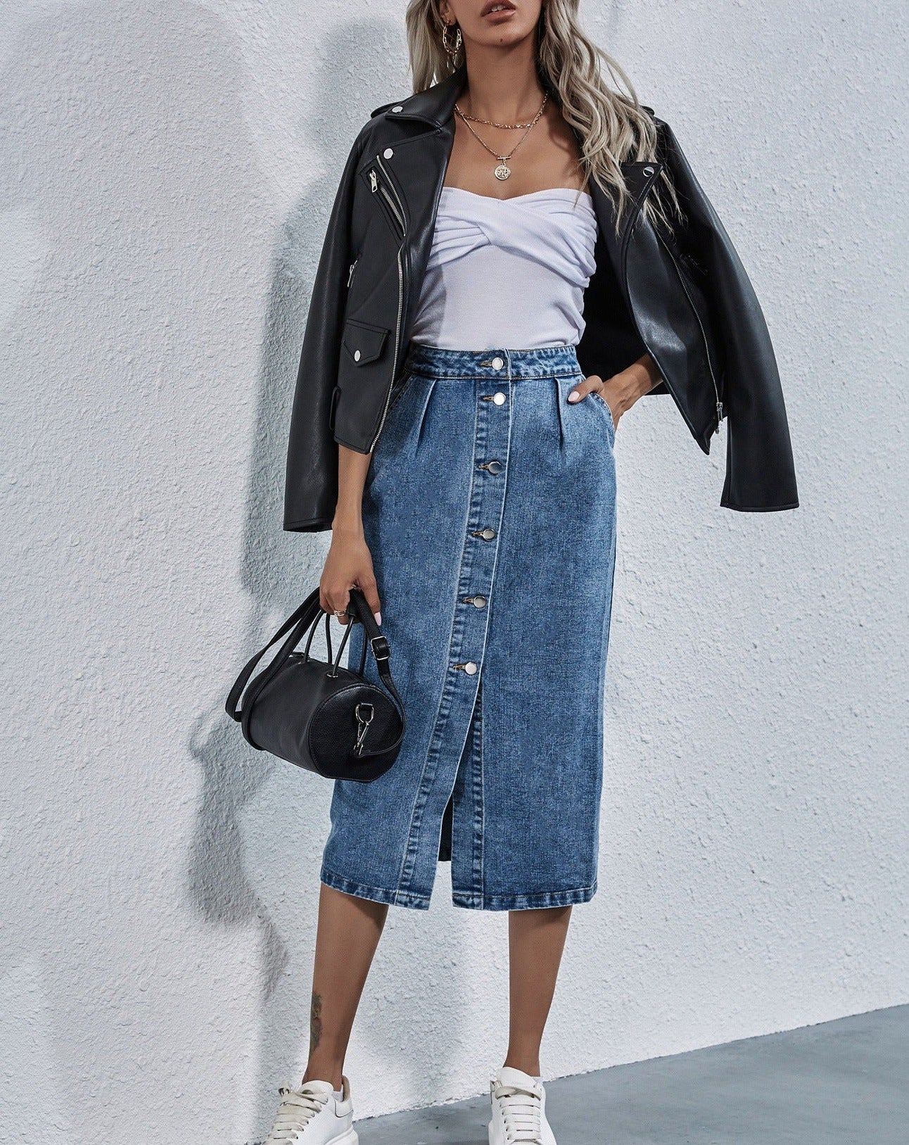 Blue Denim Button Up High Waist Front Split Skirt
