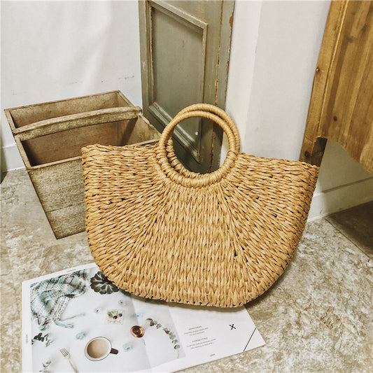 Tan Circle Handle Straw Beach Bag