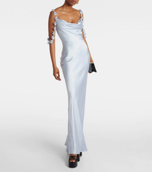 Pale Blue Draped Maxi Dress With Floral Straps