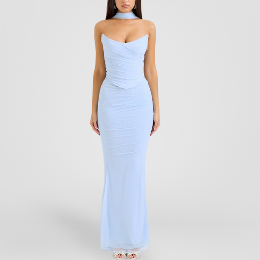 Baby Blue Draped Mesh Maxi Dress With Scarf Detail