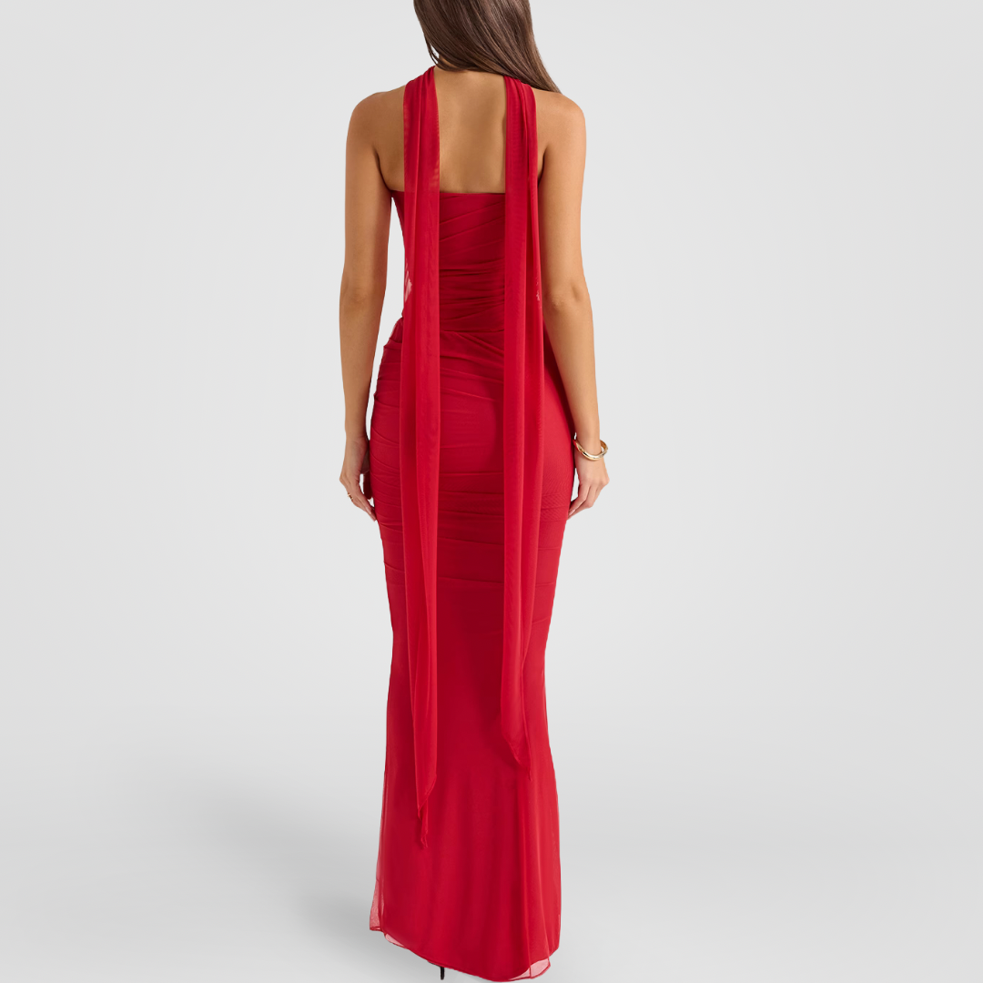 Red Draped Mesh Maxi Dress With Scarf Detail