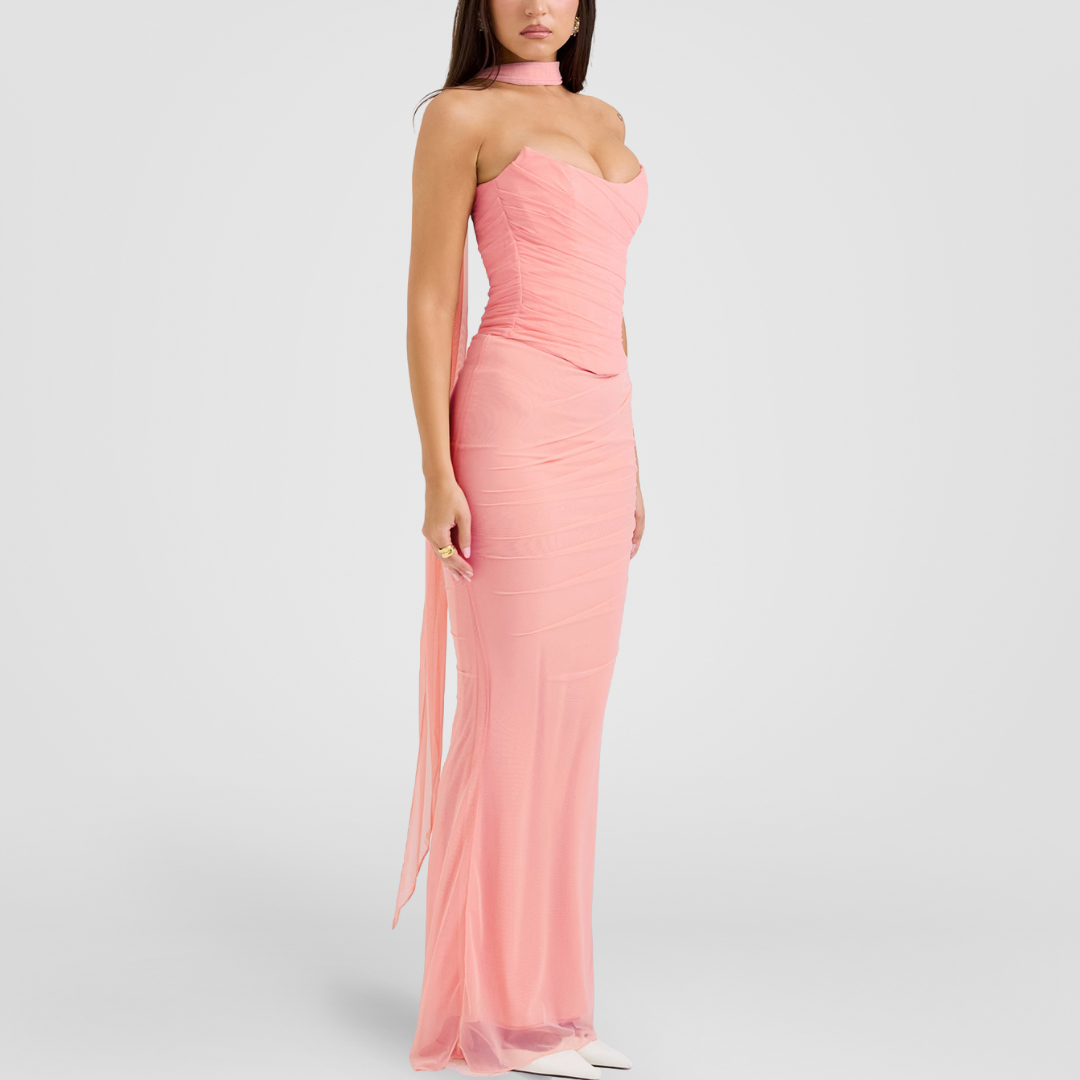 Pink Draped Mesh Maxi Dress With Scarf Detail