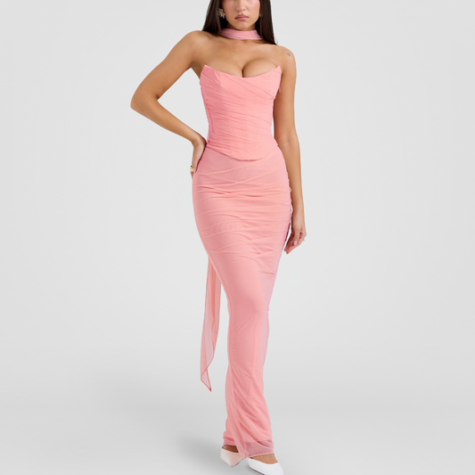Pink Draped Mesh Maxi Dress With Scarf Detail