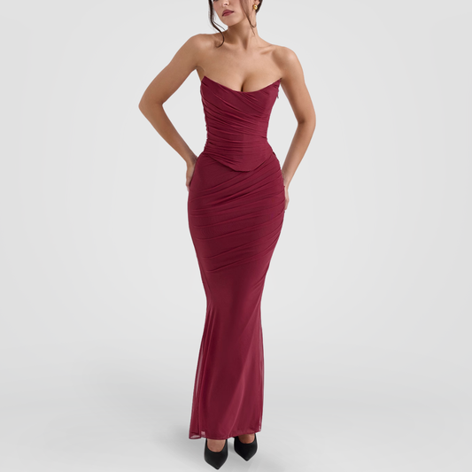 Plum Draped Mesh Maxi Dress With Scarf Detail