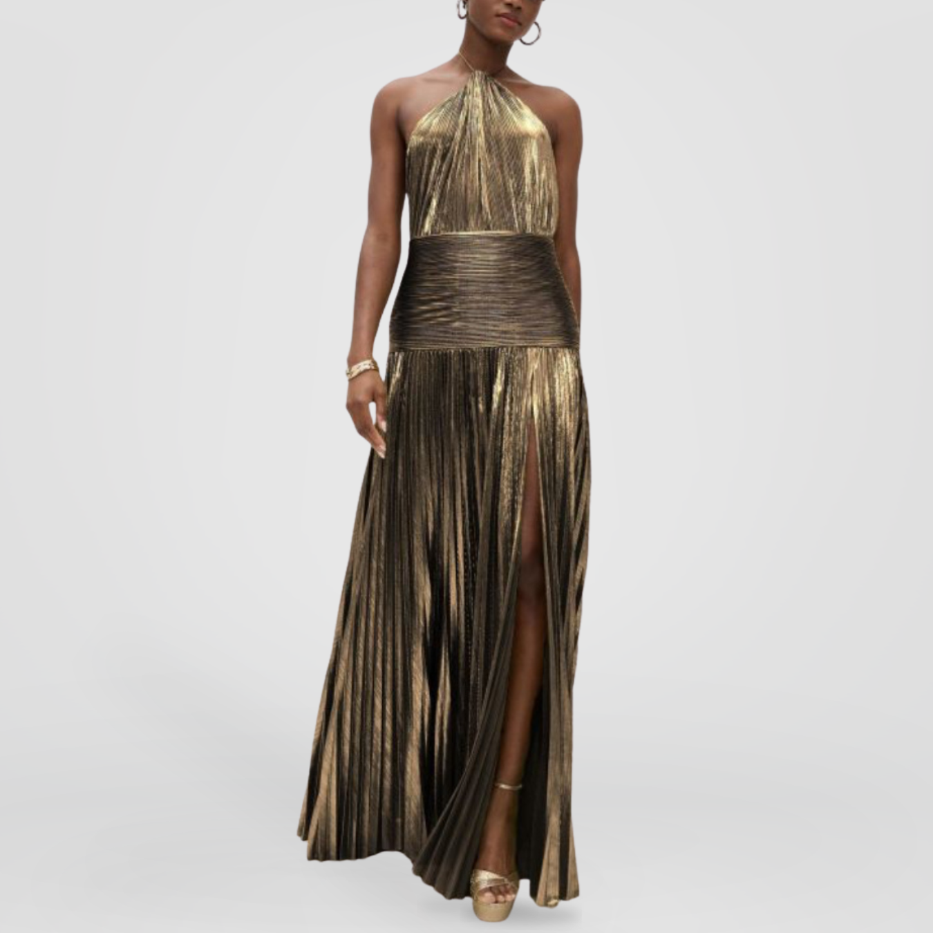 Bronze Metallic Pleated Halter Maxi Dress