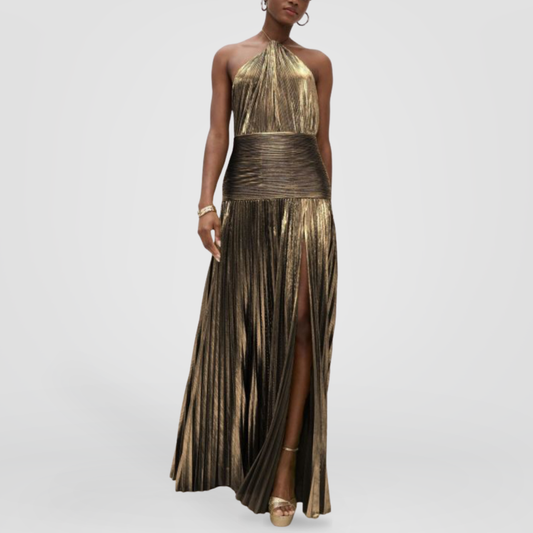 Bronze Metallic Pleated Halter Maxi Dress