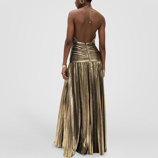 Bronze Metallic Pleated Halter Maxi Dress
