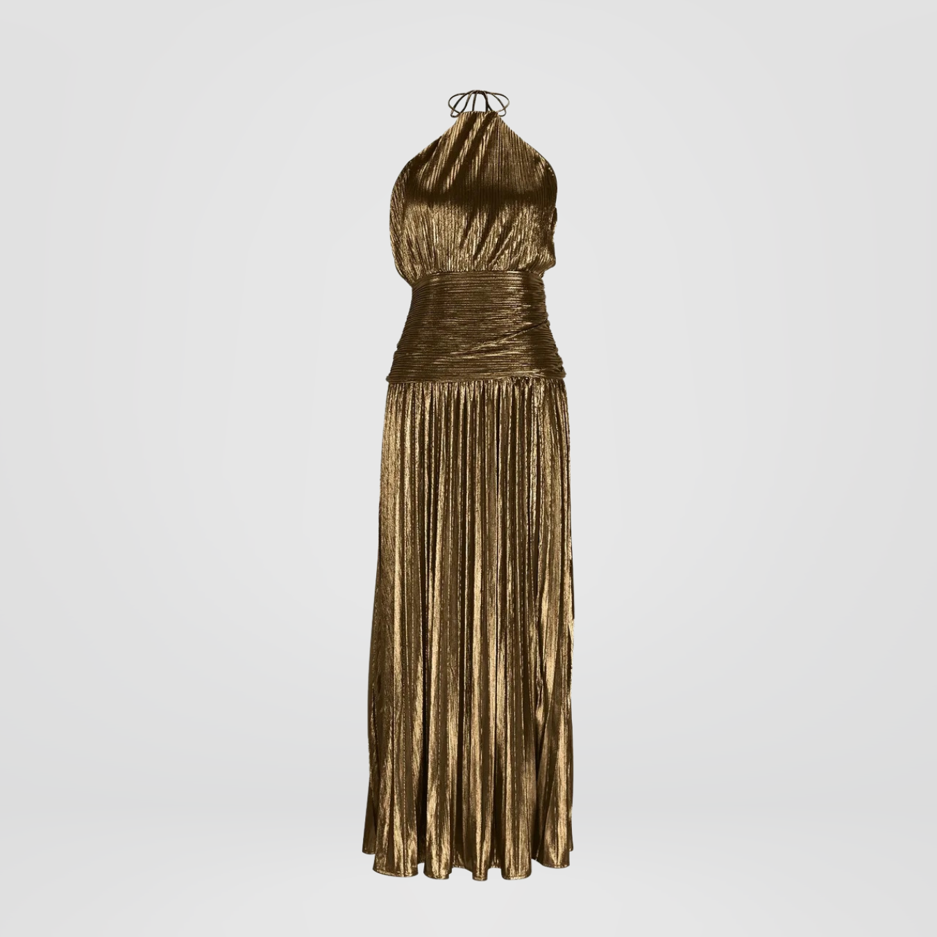 Bronze Metallic Pleated Halter Maxi Dress