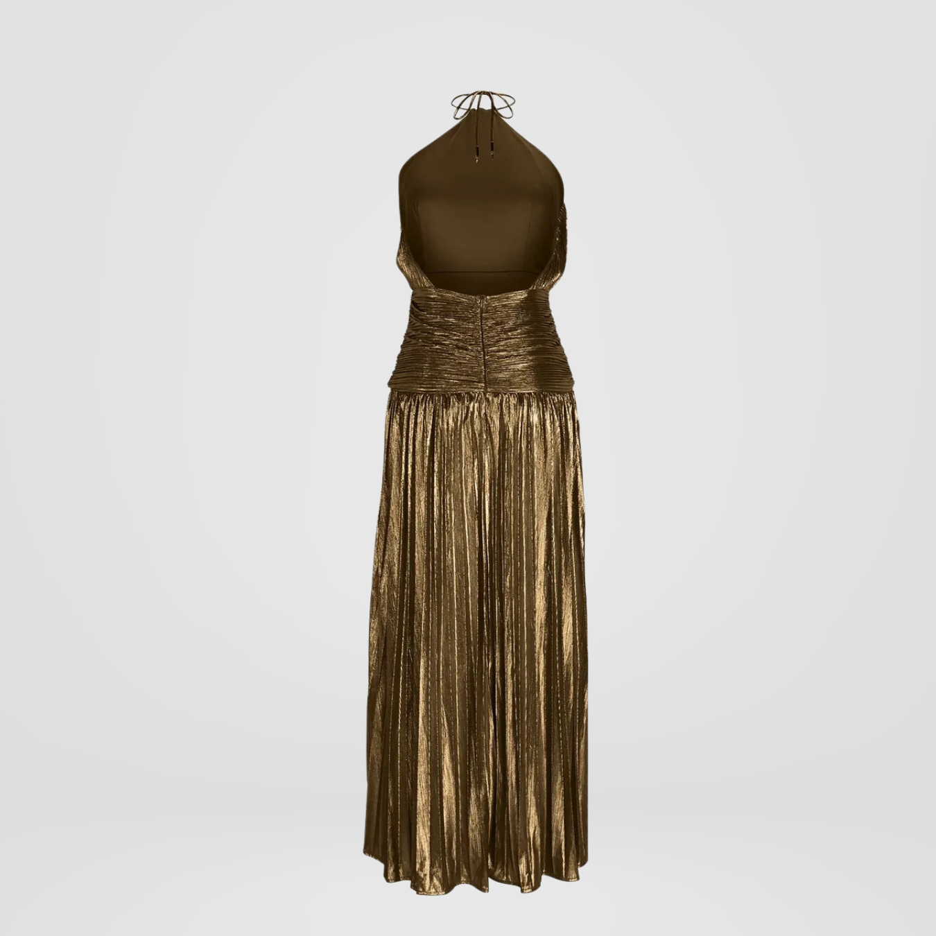 Bronze Metallic Pleated Halter Maxi Dress