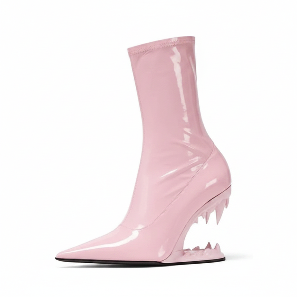 Pink Patent leather Ankle Boots with Pink Fang Heel