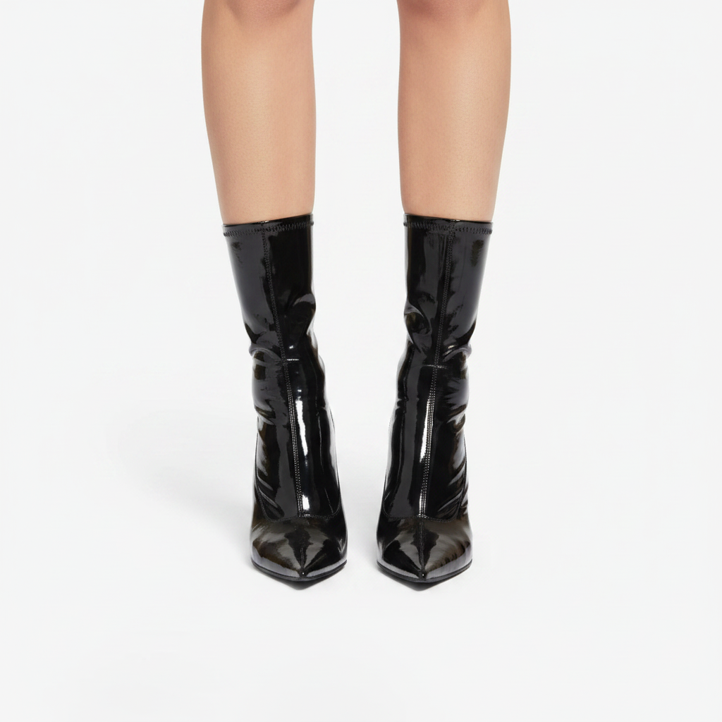 Black Patent Leather Ankle Boots with Black Fang Heel