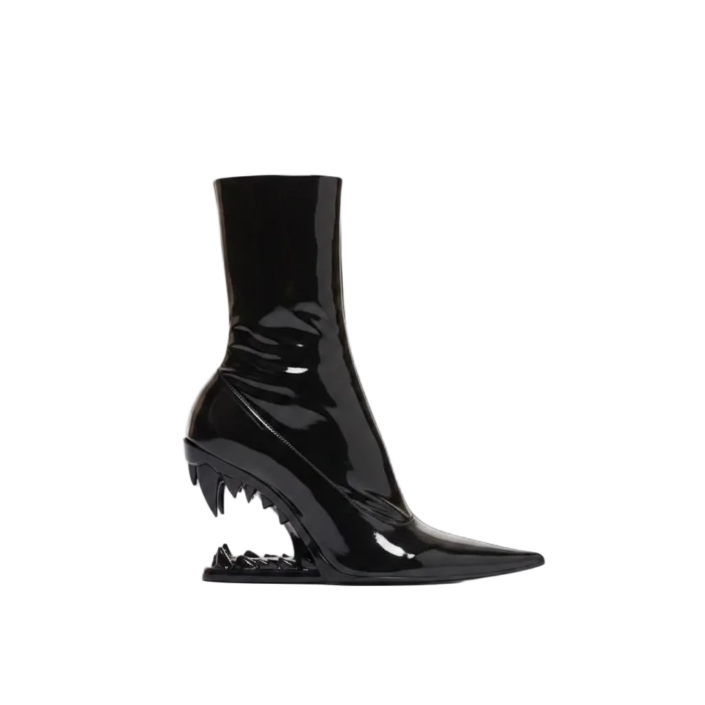 Black Patent Leather Ankle Boots with Black Fang Heel