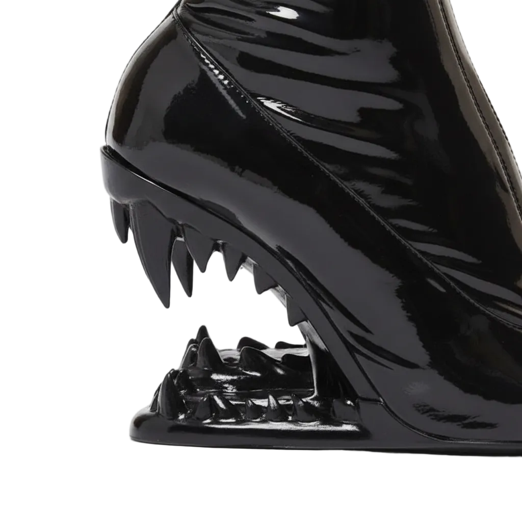 Black Patent Leather Ankle Boots with Black Fang Heel