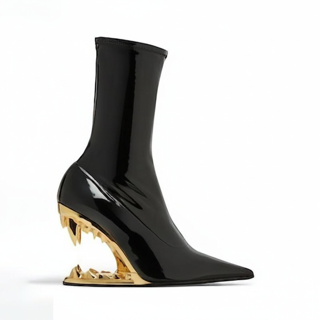 Black Patent Leather Ankle Boots with Gold Fang Heel