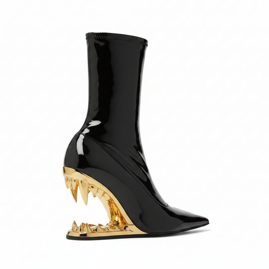 Black Patent Leather Ankle Boots with Gold Fang Heel