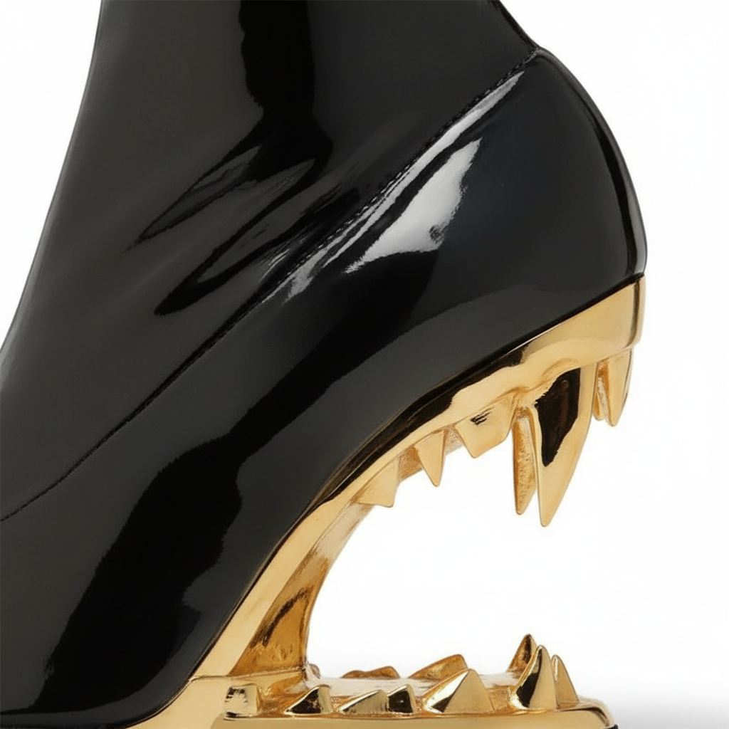 Black Patent Leather Ankle Boots with Gold Fang Heel