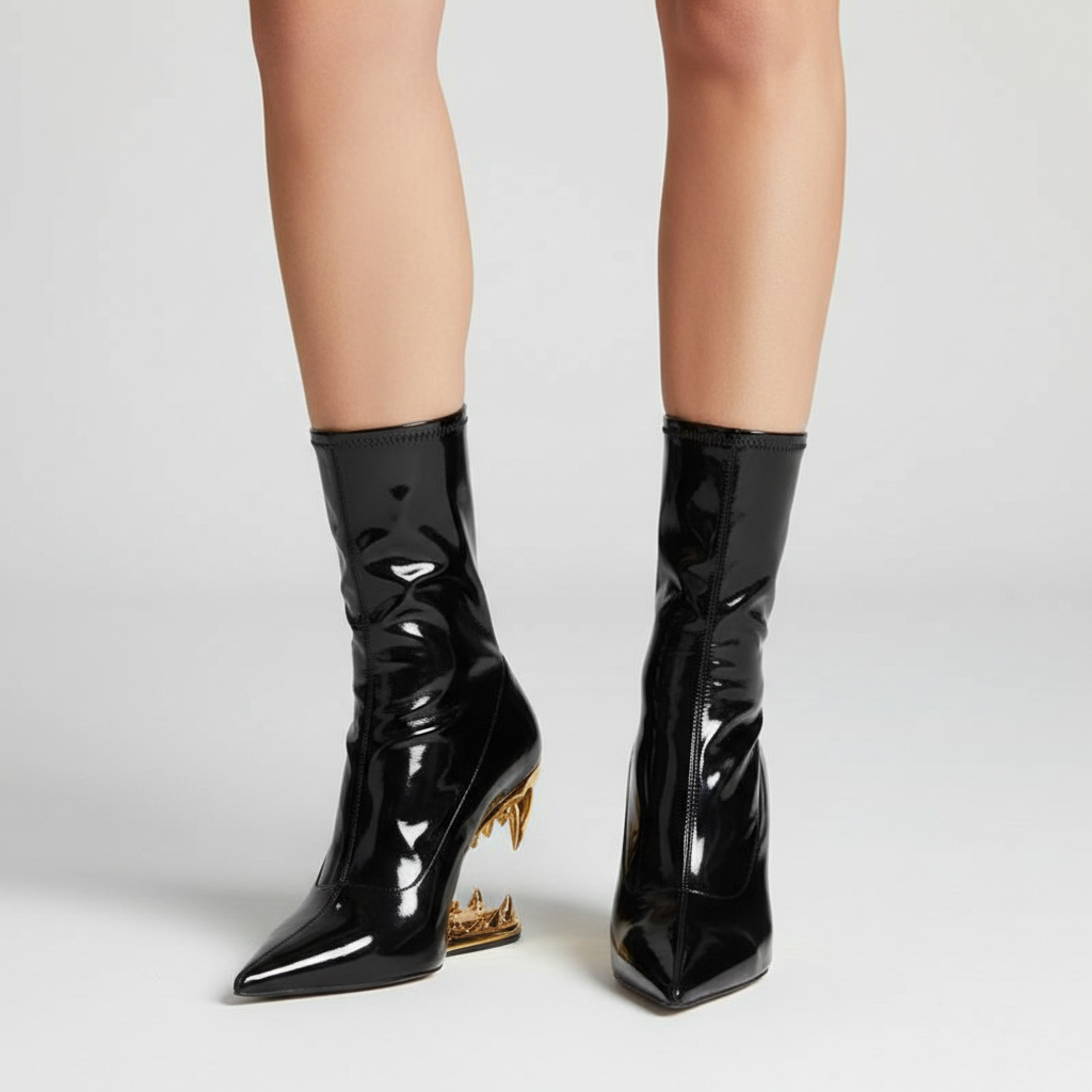 Black Patent Leather Ankle Boots with Gold Fang Heel