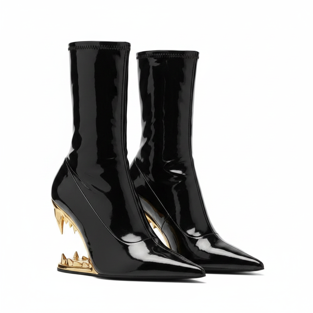 Black Patent Leather Ankle Boots with Gold Fang Heel