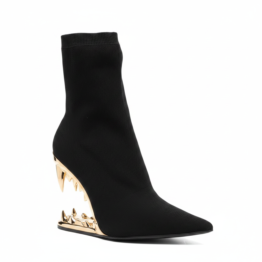 Black Knitted Ankle Boots with Gold Fang Heel