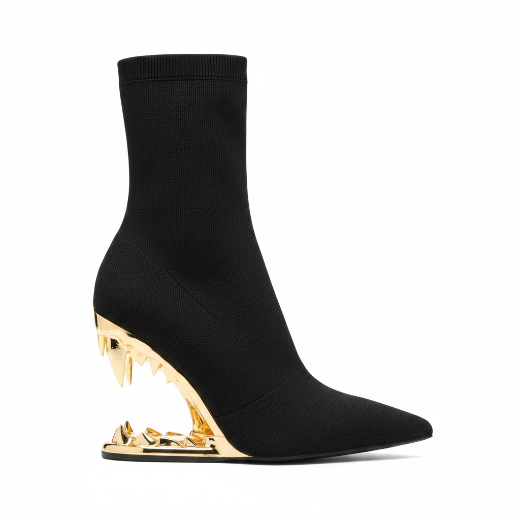 Black Knitted Ankle Boots with Gold Fang Heel