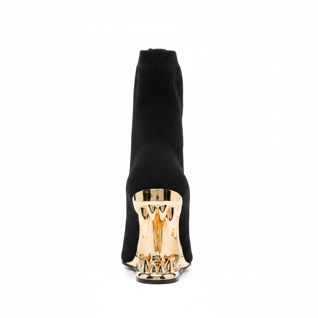Black Knitted Ankle Boots with Gold Fang Heel