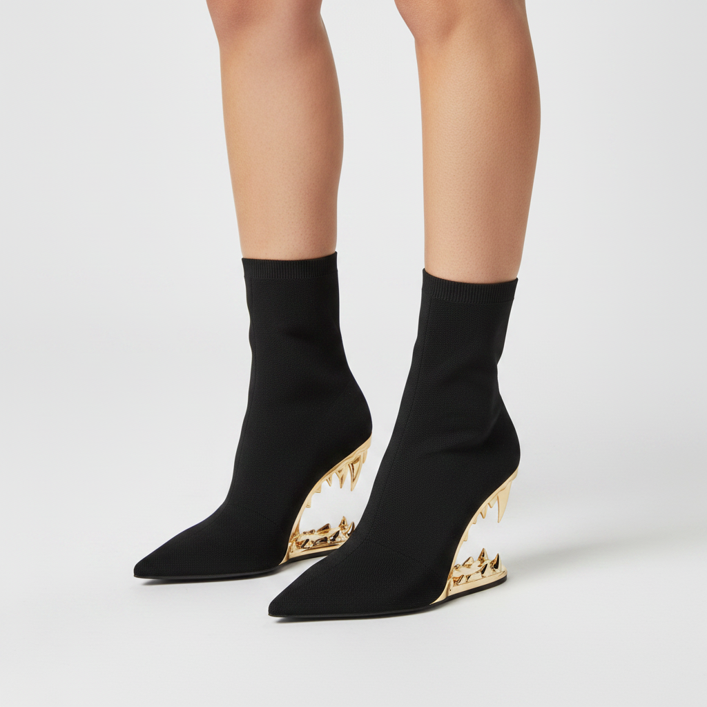 Black Knitted Ankle Boots with Gold Fang Heel