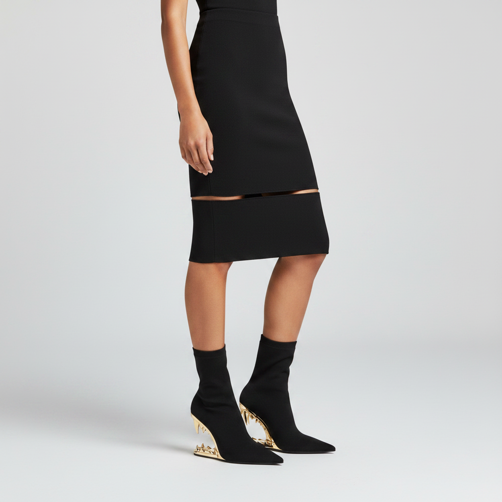 Black Knitted Ankle Boots with Gold Fang Heel
