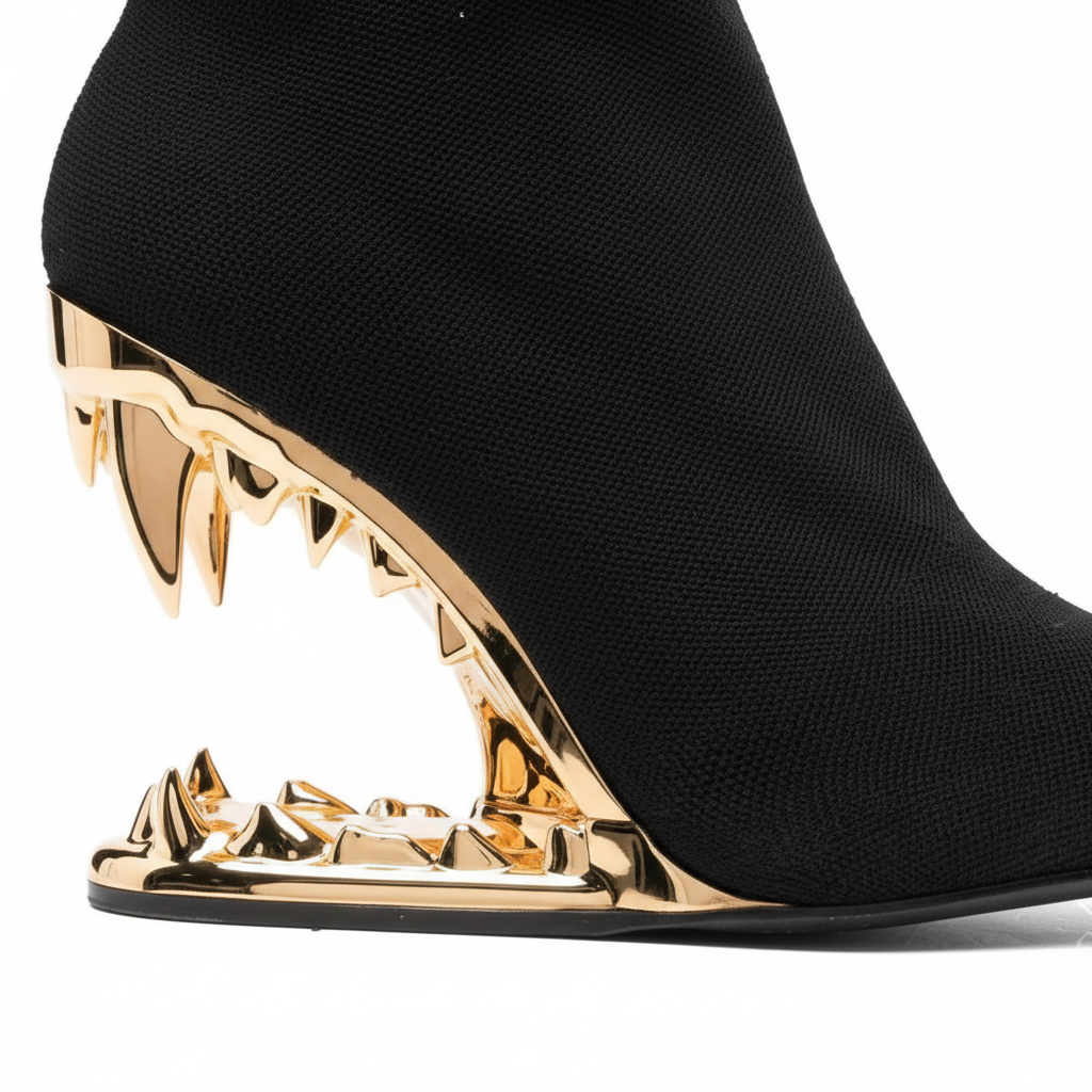 Black Knitted Ankle Boots with Gold Fang Heel