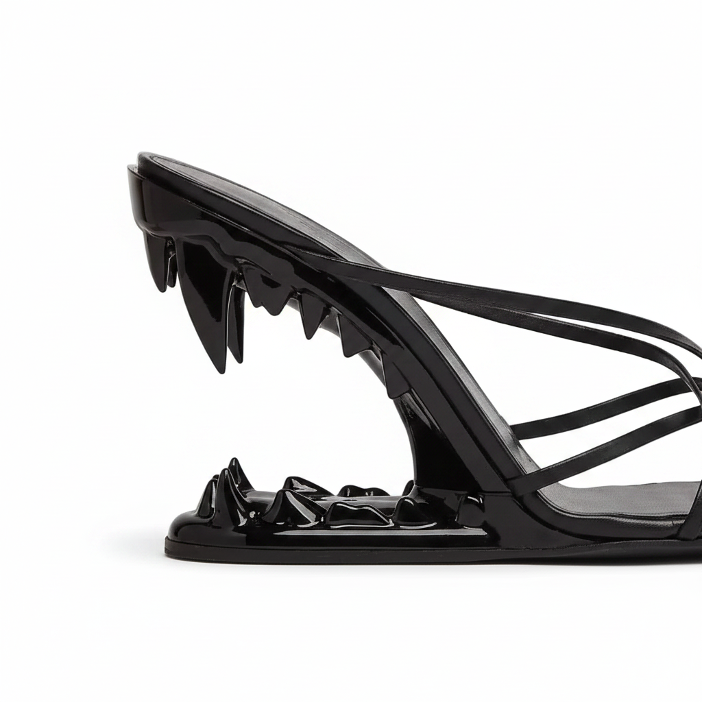 Black Cross Strap Patent Leather High Heeled Fang Sandals