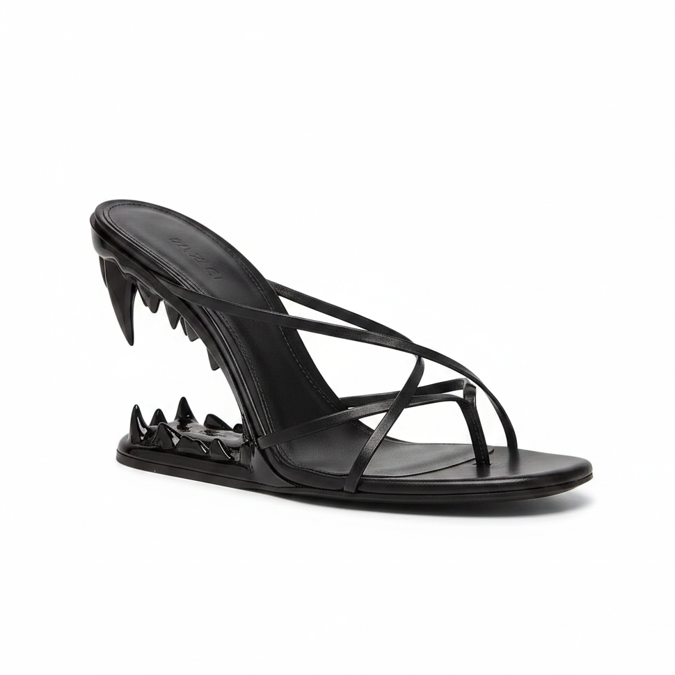 Black Cross Strap Patent Leather High Heeled Fang Sandals