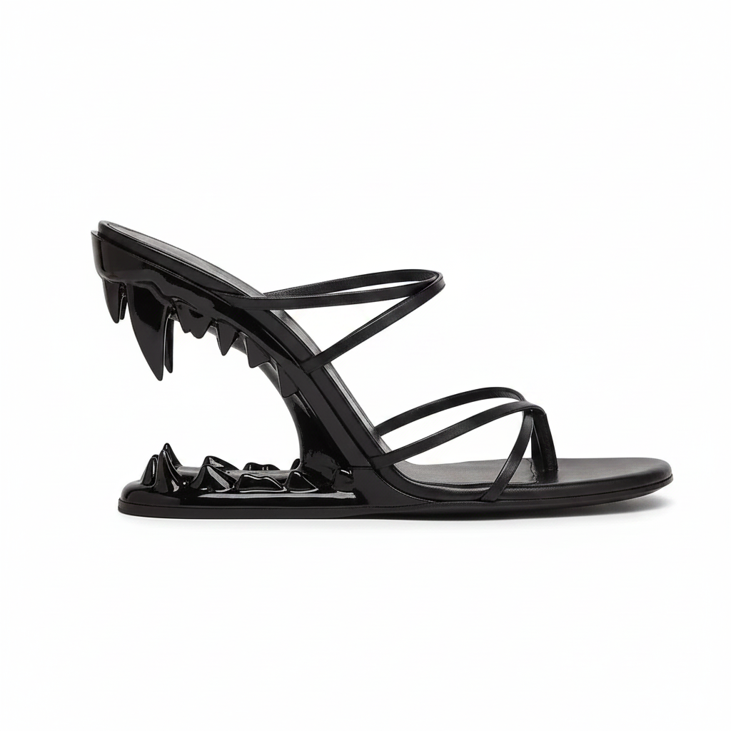 Black Cross Strap Patent Leather High Heeled Fang Sandals