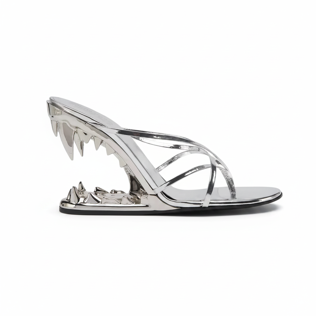 Silver Cross Strap Patent Leather High Heeled Fang Sandals