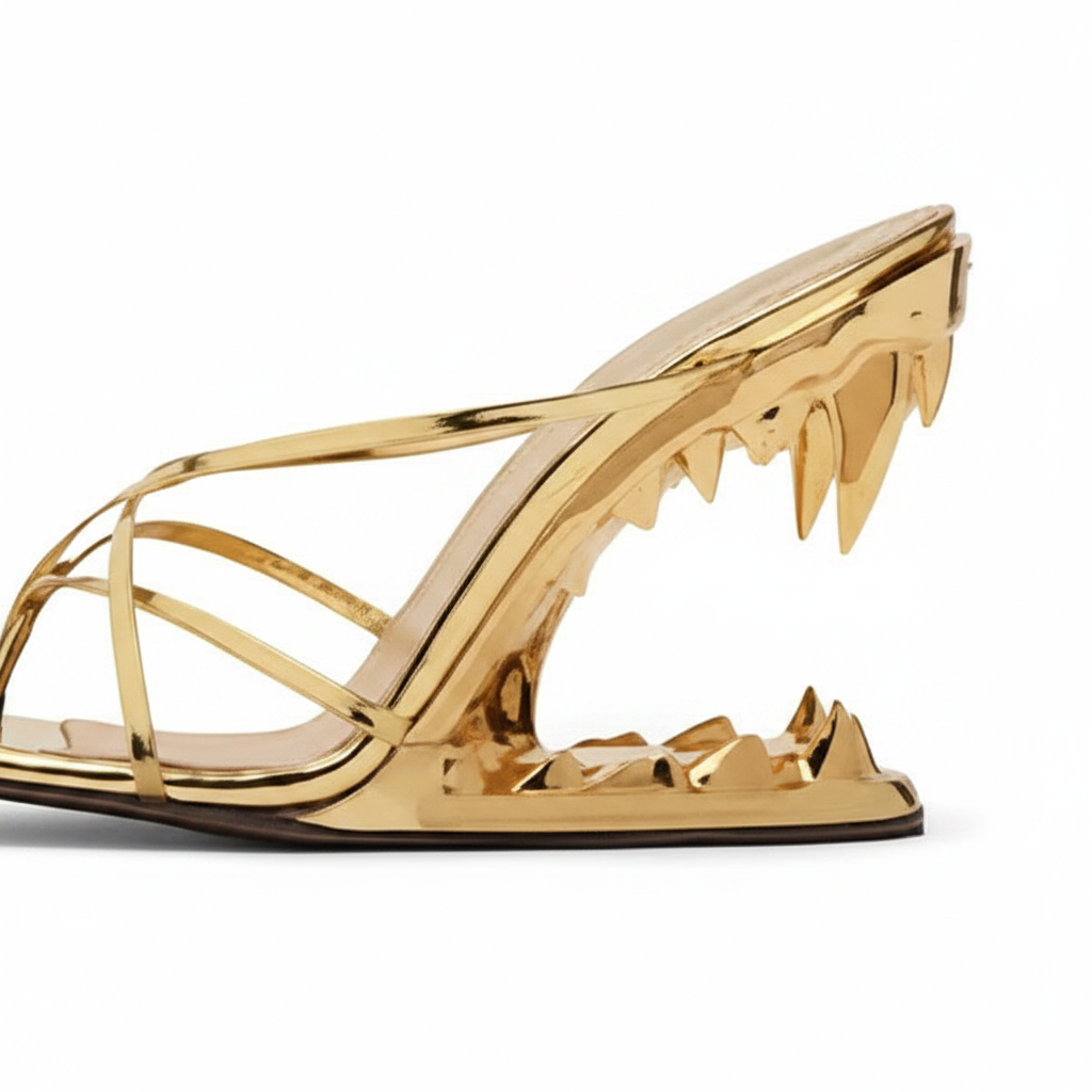 Gold Cross Strap Patent Leather High Heeled Fang Sandals