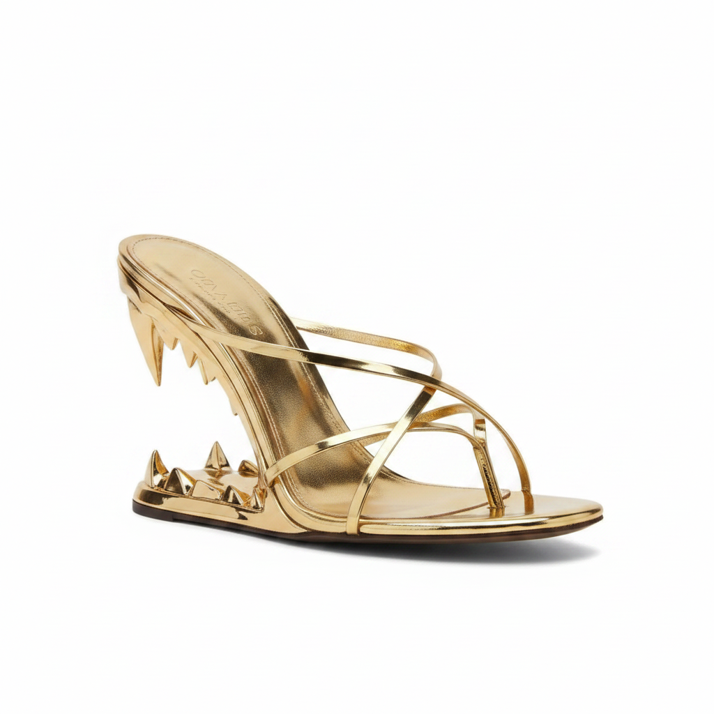Gold Cross Strap Patent Leather High Heeled Fang Sandals