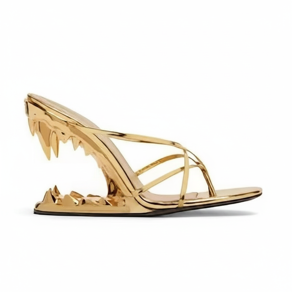 Gold Cross Strap Patent Leather High Heeled Fang Sandals
