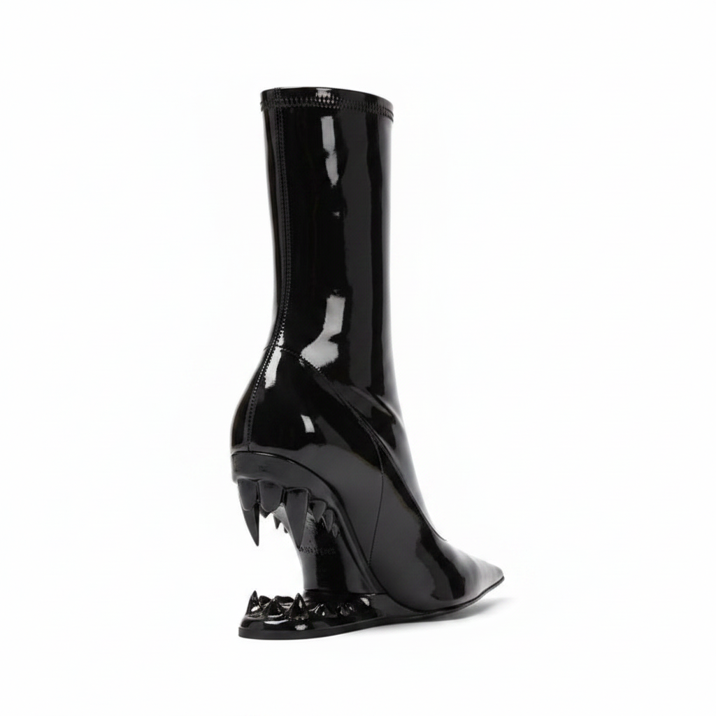 Black Patent Leather Ankle Boots with Black Fang Heel