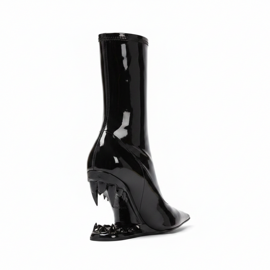 Black Patent Leather Ankle Boots with Black Fang Heel
